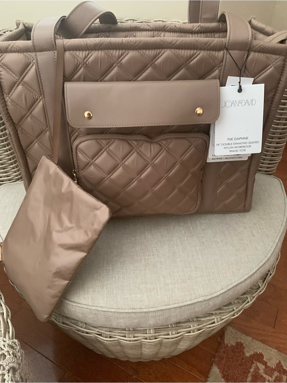 NWT Joan & David Travel Tote: Light Brown, Quilted, Front/Side/Back Pockets, Zip
